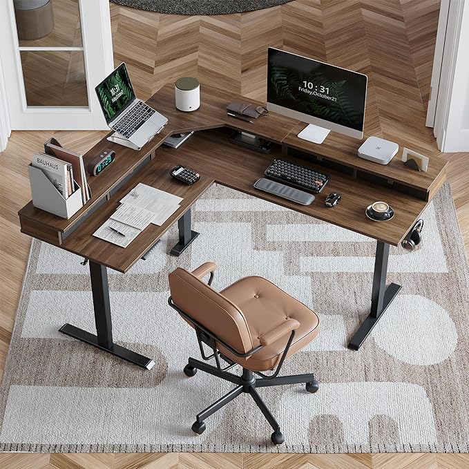 FEZIBO 63" L Shaped Standing Desk with 4 Drawers, Electric Standing Gaming Desk Adjustable Height, Corner Stand up Desk with Splice Board, Black Frame/Black Walnut Top - LeafyLoom