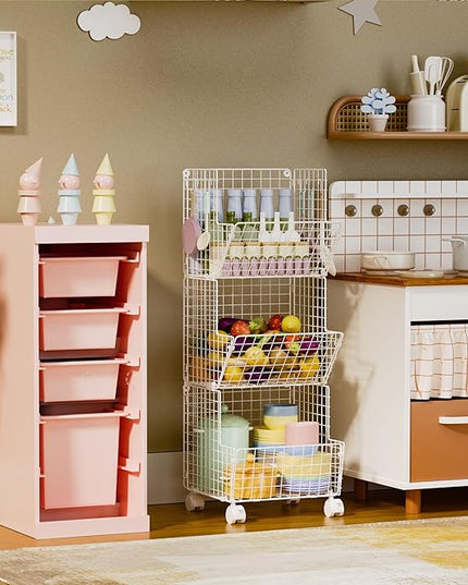 3 Tier Rolling Wire Toy Organizer Basket - with Wheel, S-Hooks, Toy Storage Cart Wall Bookshelf for Kids Room, Playroom, Bedroom (White, Standard) - LeafyLoom
