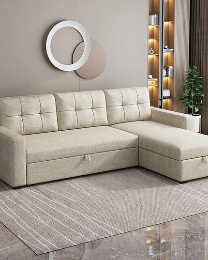 81.5" Sectional Sleeper Sofa with Storage Chaise, L Shaped Pull Out Couch Bed with 3 Removable Back Cushion for Living Room, Apartment,Office,Beige - LeafyLoom