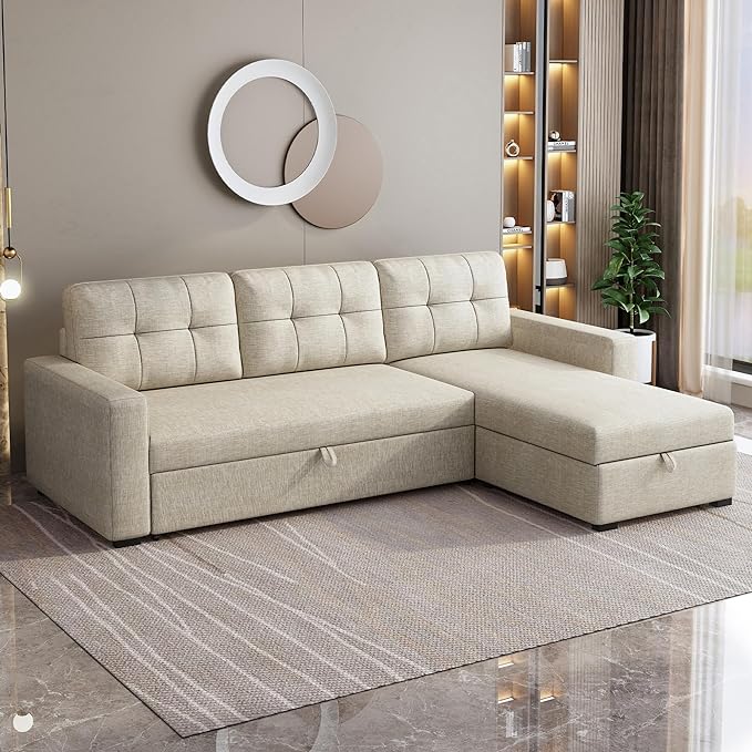 81.5" Sectional Sleeper Sofa with Storage Chaise, L Shaped Pull Out Couch Bed with 3 Removable Back Cushion for Living Room, Apartment,Office,Beige - LeafyLoom