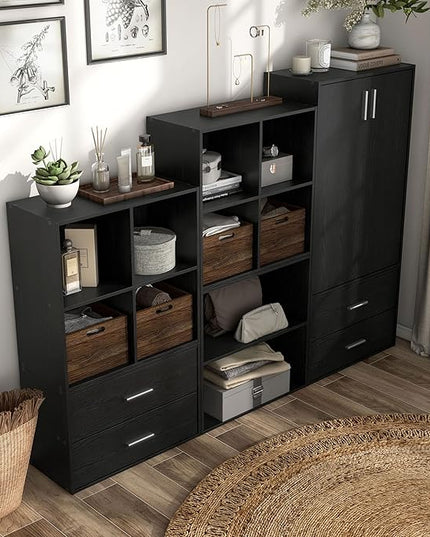 Apexa Stackable Wood Bookcase with Doors, Cube Storage Organizer Shelves, Small Food Pantry, Dorm Teen Room Decor & Bedroom, Home Office, Kitchen, 3-Tier Cabinet, Black - LeafyLoom