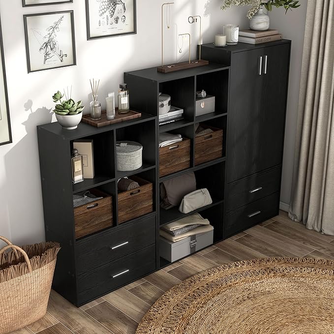 Apexa Stackable Wood Bookcase with Doors, Cube Storage Organizer Shelves, Small Food Pantry, Dorm Teen Room Decor & Bedroom, Home Office, Kitchen, 3-Tier Cabinet, Black - LeafyLoom
