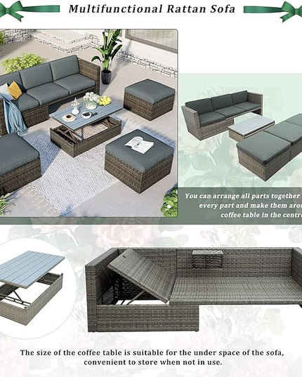 5 Pieces Patio Furniture Sets All Weather Wicker Rattan Sectional Sofa Outdoor Conversation with Adustable Backrest, Cushions, Ottomans and Lift Top Coffee Table for Poolside, Garden, Backyard - LeafyLoom