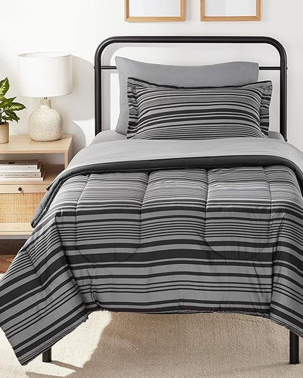Amazon Basics Lightweight Microfiber Bed-in-a-Bag Comforter 5-Piece Bedding Set, Twin/Twin XL, Gray Calvin Stripe, Striped - LeafyLoom