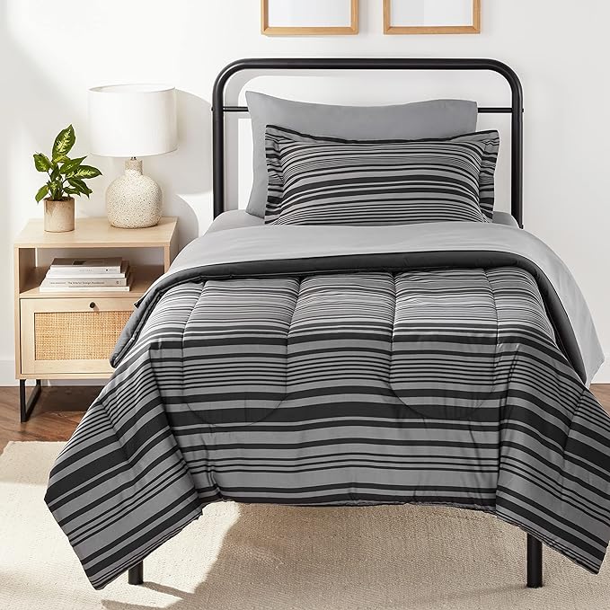 Amazon Basics Lightweight Microfiber Bed-in-a-Bag Comforter 5-Piece Bedding Set, Twin/Twin XL, Gray Calvin Stripe, Striped - LeafyLoom