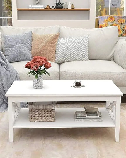 ChooChoo White Coffee Table Classic X Design for Living Room, Rectangular Modern Cocktail Table with Storage Shelf, 39 Inch - LeafyLoom