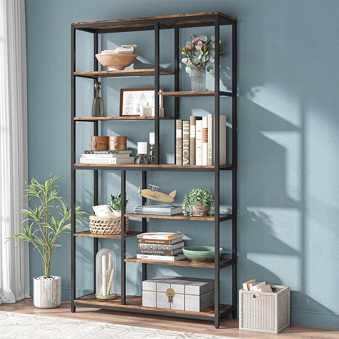 Modern 8-Tier Staggered Bookcase - 79 Inches Tall, Wide Wood Etagere Shelving Unit - LeafyLoom
