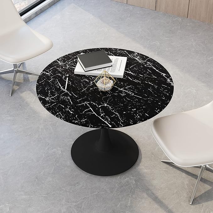 NicBex Dining Table Contemporary Kitchen Table Farmhouse Rustic 42.12" Round Dining Table with Printed Black Marble Table Top, Metal Base Dining Table, End Table Leisure Coffee Table, Black Marble - LeafyLoom