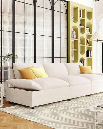 Morden Soft Linen Upholstered 3 Seater Cloud Sofa Couch Super Deep Seat Sleeper Sofa&Couch with Removable Back Cushions and Storage Armrests for Living Room, Apartment, Office, 119.5", Beige-402 - LeafyLoom