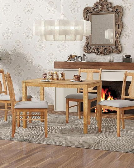 NicBex Small Dining Table Set for 4 Bar Table and Chairs Set 5-Piece Kitchen Dining Table Set, Wooden Rectangular Dining Table and 4 Upholstered Chairs for Kitchen and Dining Room, Natural Wood - LeafyLoom