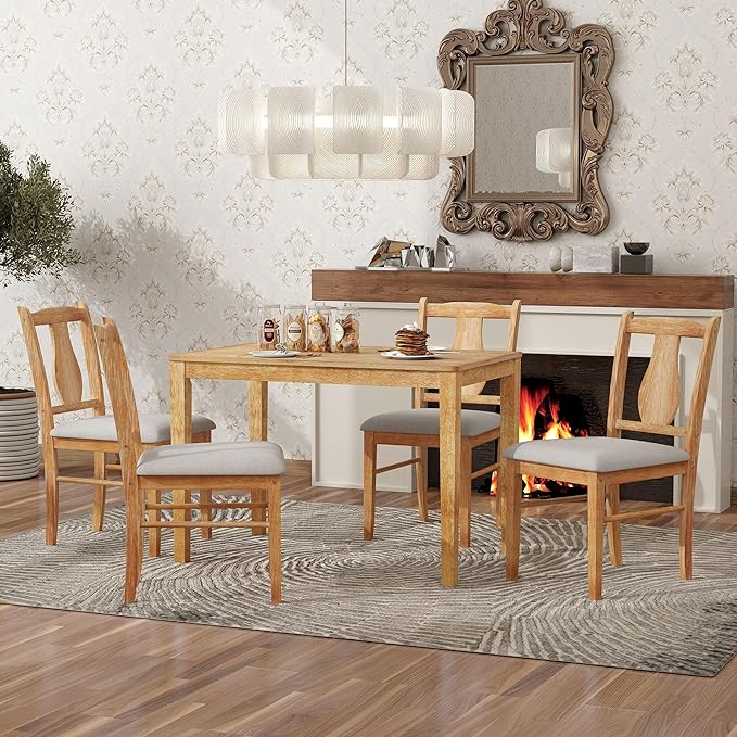 NicBex Small Dining Table Set for 4 Bar Table and Chairs Set 5-Piece Kitchen Dining Table Set, Wooden Rectangular Dining Table and 4 Upholstered Chairs for Kitchen and Dining Room, Natural Wood - LeafyLoom