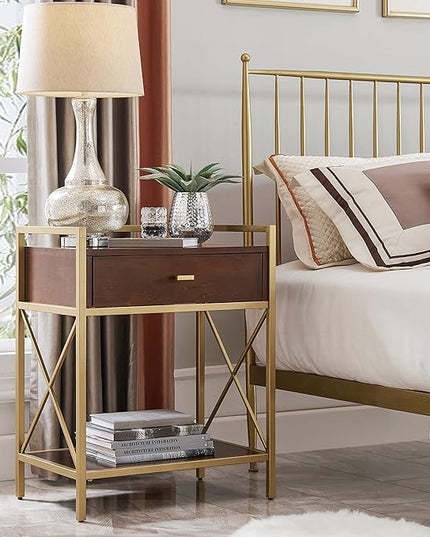 Leick Home 9069-WA One Drawer Nightstand Side Table Contemporary Modern USB-C Fast Charging Station A/C USB Charging Port Integrated Durable Solid Metal Wood Living Room Bedroom Office Walnut and Gold - LeafyLoom