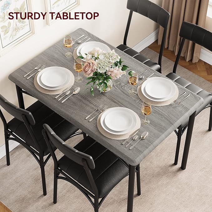 IDEALHOUSE Dining Table Set for 4, Kitchen Table and Chairs for 4, Rectangular Dining Room Table Set with 4 Upholstered Chairs, 5 Piece Kitchen Table Set for Small Space, Apartment, Retro Grey - LeafyLoom