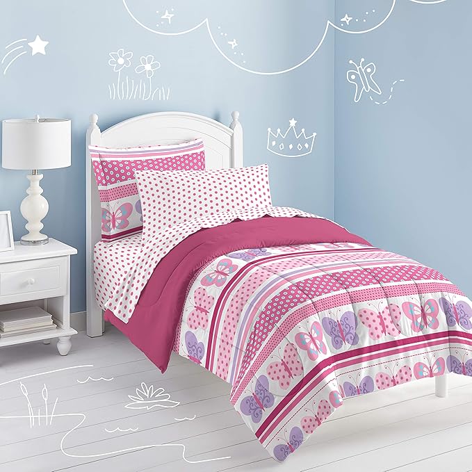 Dream Factory Butterfly Dots Ultra Soft Microfiber Girls Comforter Set, Pink, Full - LeafyLoom