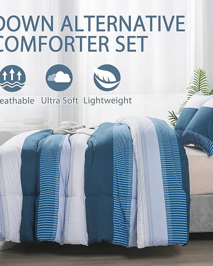 Andency Stripe Comforter Set Twin Size (66x90 Inch), 2 Pieces Navy Patchwork Striped Comforter, Soft Microfiber Down Alternative Comforter Bedding Set with Corner Loops - LeafyLoom
