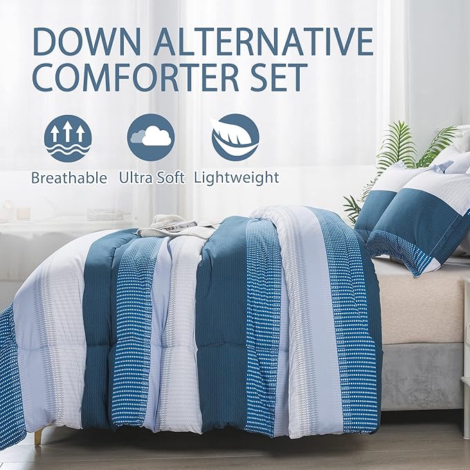 Andency Stripe Comforter Set King Size (104x90 Inch), 3 Pieces Navy Patchwork Striped Comforter, Soft Microfiber Down Alternative Comforter Bedding Set with Corner Loops - LeafyLoom
