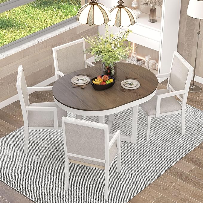 RITSU Farmhouse 5 Piece Dining Set, Included Round Extendable Wooden Table and 4 Upholstered Chairs, Retro Adjustable Dinette Furniture for Kitchen Living Room, Brown+White - LeafyLoom