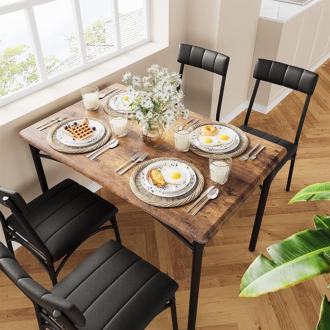 IDEALHOUSE Dining Table Set for 4, Kitchen Table and Chairs for 4, Rectangular Dining Room Table Set with 4 Upholstered Chairs, 5 Piece Kitchen Table Set for Small Space, Apartment, Retro Brown - LeafyLoom