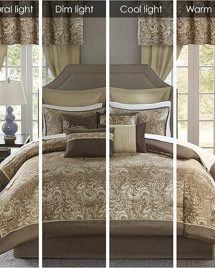 Madison Park Essentials Brystol 24 Piece Room in a Bag Faux Silk Comforter Jacquard Paisley Design Matching Curtains Down Alternative Hypoallergenic All Season Bedding-Set, King(104"x92"), Brown - LeafyLoom