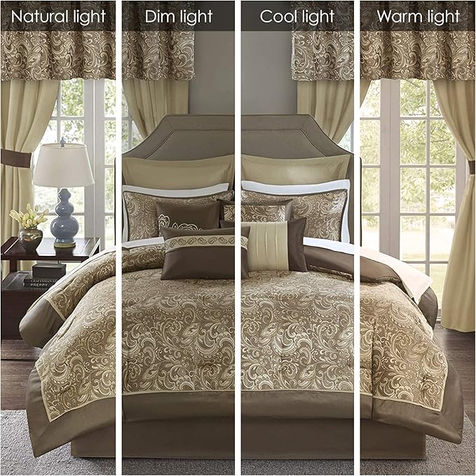 Madison Park Essentials Brystol 24 Piece Room in a Bag Faux Silk Comforter Jacquard Paisley Design Matching Curtains Down Alternative Hypoallergenic All Season Bedding-Set, King(104"x92"), Brown - LeafyLoom