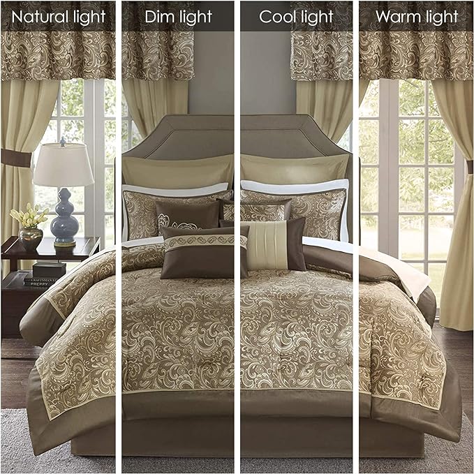 Madison Park Essentials Brystol 24 Piece Room in a Bag Faux Silk Comforter Jacquard Paisley Design Matching Curtains Down Alternative Hypoallergenic All Season Bedding-Set, Queen(90"x90"), Brown - LeafyLoom