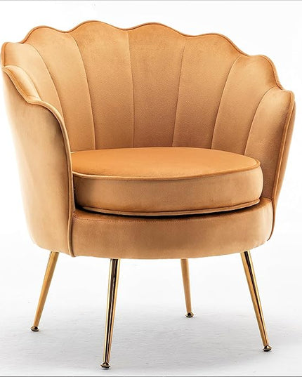 Velvet Barrel Accent Chair with Scalloped Silhouette and Gold Metal Legs, Decorative Piece Suitable for Traditional, Modern, and Contemporary Spaces, Mustard Yellow - LeafyLoom
