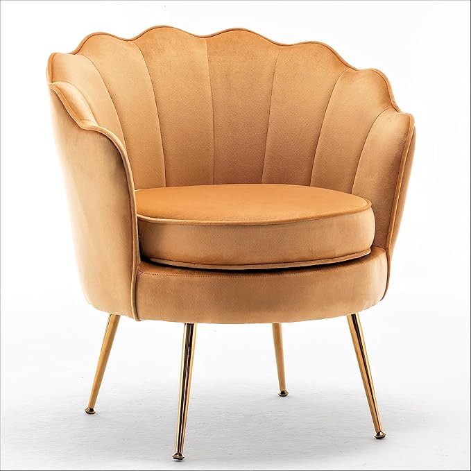 Velvet Barrel Accent Chair with Scalloped Silhouette and Gold Metal Legs, Decorative Piece Suitable for Traditional, Modern, and Contemporary Spaces, Mustard Yellow - LeafyLoom