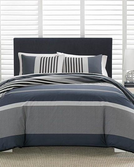 Nautica Comforter Set Cotton Reversible Bedding with Matching Shams, Home Decor for All Seasons, 3 pcs, Queen, Rendon Charcoal/Navy/White - LeafyLoom