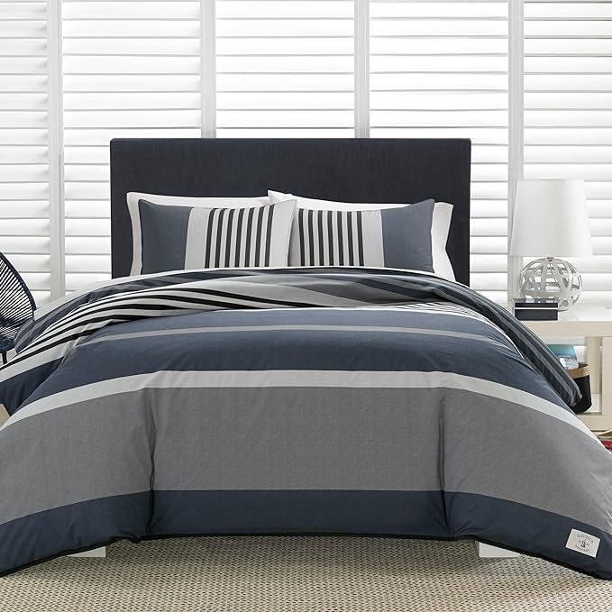 Nautica Comforter Set Cotton Reversible Bedding with Matching Shams, Home Decor for All Seasons, 3 pcs, Queen, Rendon Charcoal/Navy/White - LeafyLoom