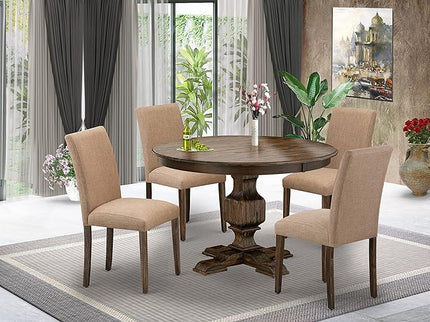 East West Furniture F3AB5-747 Ferris 5 Piece Modern Dining Set Includes a Round Wooden Table with Pedestal and 4 Light Sable Linen Fabric Upholstered Chairs, 48x48 Inch - LeafyLoom