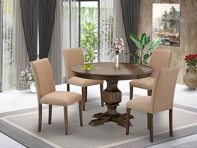 East West Furniture F3AB5-747 Ferris 5 Piece Modern Dining Set Includes a Round Wooden Table with Pedestal and 4 Light Sable Linen Fabric Upholstered Chairs, 48x48 Inch - LeafyLoom
