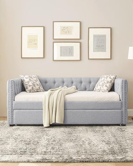 Upholstered Twin Size Daybed with Trundle,Solid Wooden Sofa Bed Frame W/Button Tufted & Copper Nail on Square Arms,No Spring Box Need,Bedframe for Living Room Bedroom Dorm,Grey Linen - LeafyLoom