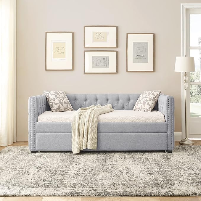 Upholstered Twin Size Daybed with Trundle,Solid Wooden Sofa Bed Frame W/Button Tufted & Copper Nail on Square Arms,No Spring Box Need,Bedframe for Living Room Bedroom Dorm,Grey Linen - LeafyLoom