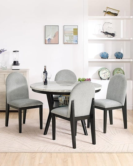 RITSU 5 Piece Round Set, Solid Wood Dining Table with Storage Shelf and 4 Upholstered Chairs, for Kitchen Farmhouse, Apartment, Restaurant, Gray - LeafyLoom