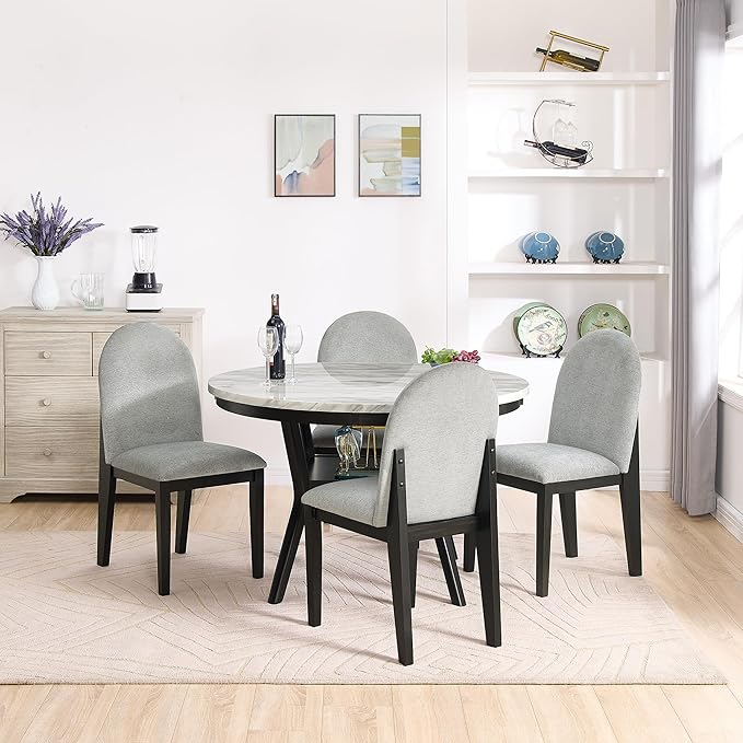 RITSU 5 Piece Round Set, Solid Wood Dining Table with Storage Shelf and 4 Upholstered Chairs, for Kitchen Farmhouse, Apartment, Restaurant, Gray - LeafyLoom