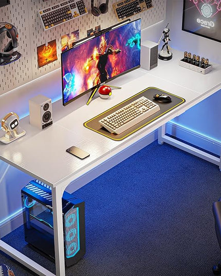 Computer Desk, 63 Inch Office Desk, Gaming Desk with Storage, Writing Desk Work Desk for Home Office, Study, Modern Simple Desk, Large Legroom, Metal Frame, White - LeafyLoom