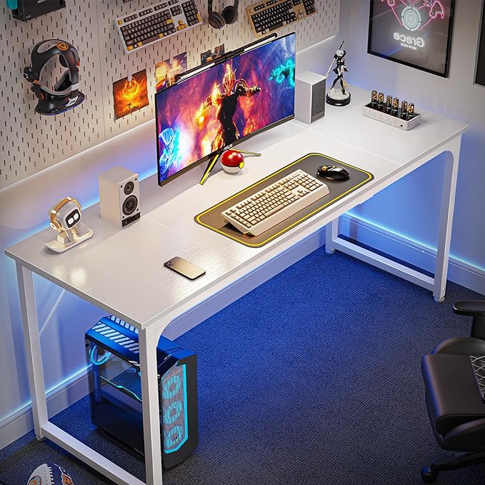 Computer Desk, 63 Inch Office Desk, Gaming Desk with Storage, Writing Desk Work Desk for Home Office, Study, Modern Simple Desk, Large Legroom, Metal Frame, White - LeafyLoom