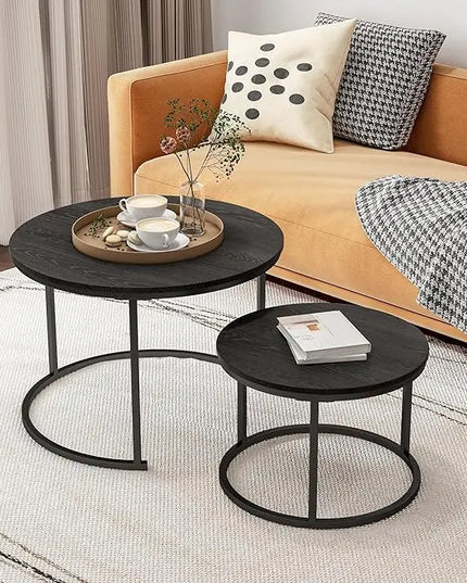 Round Coffee Table Set of 2 End Tables for Living Room,Black Coffee Table Nesting Tables,Living Room Table Wooden Accent Furniture Metal Frame,Sturdy Stacking Side Tables,Easy Assembly - LeafyLoom