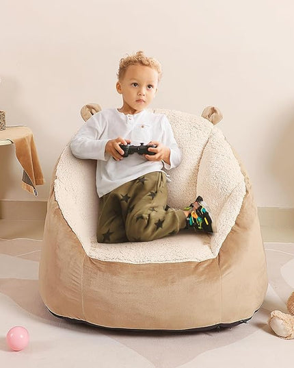 Cute Soft Bean Bag Chair for Kids with Fluffy Bear Ears, Cozee Fluffy Lazy Chair for Up to 10 Years Old Girls and Boys - LeafyLoom