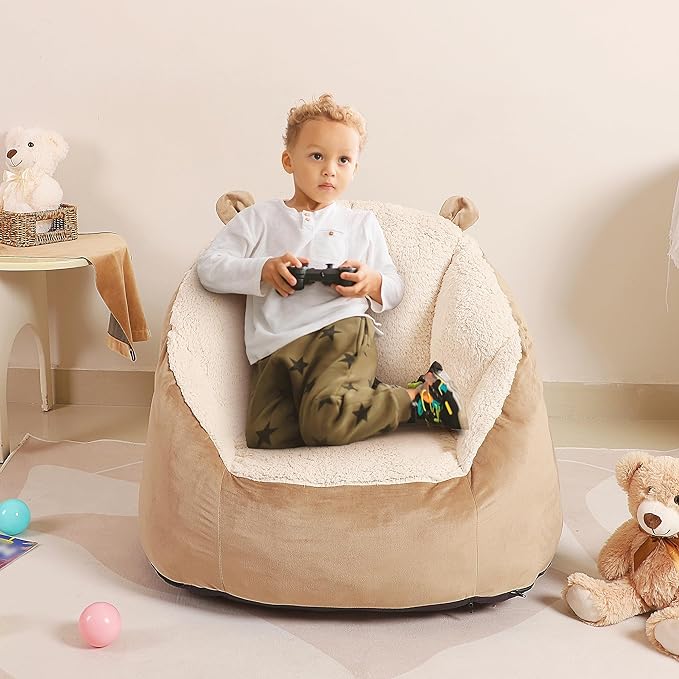 Cute Soft Bean Bag Chair for Kids with Fluffy Bear Ears, Cozee Fluffy Lazy Chair for Up to 10 Years Old Girls and Boys - LeafyLoom