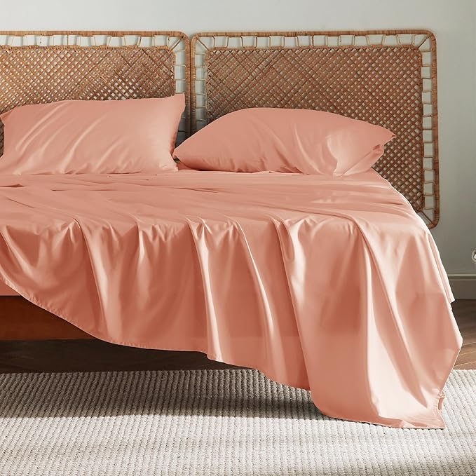 Bedsure King Size Sheet Set, Cooling Sheets King, Rayon Derived from Bamboo, Deep Pocket Up to 16", Breathable & Soft Bed Sheets, Hotel Luxury Silky Bedding Sheets & Pillowcases, Coral - LeafyLoom