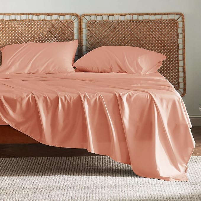 Bedsure Queen Sheets, Rayon Derived from Bamboo, Queen Cooling Sheet Set, Deep Pocket Up to 16", Breathable & Soft Bed Sheets, Hotel Luxury Silky Bedding Sheets & Pillowcases, Coral - LeafyLoom