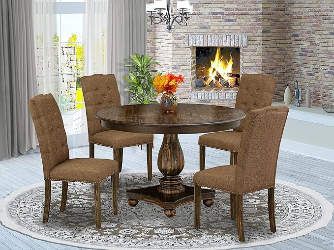 East West Furniture F2EL5-718 Ferris 5 Piece Kitchen Set Includes a Round Dining Table with Pedestal and 4 Brown Linen Fabric Parson Chairs, 48x48 Inch - LeafyLoom