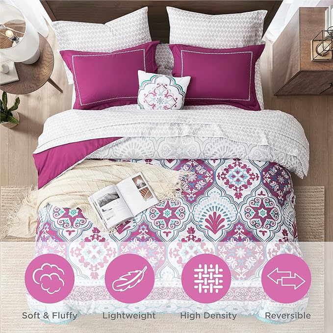 Degrees of Comfort Twin Complete Comforter Sets, Lattice Boho Bed in A Bag,Microfiber Bedding Set with Side Pockets, Matching Decorative Pillow, 6 Piece Purple - LeafyLoom