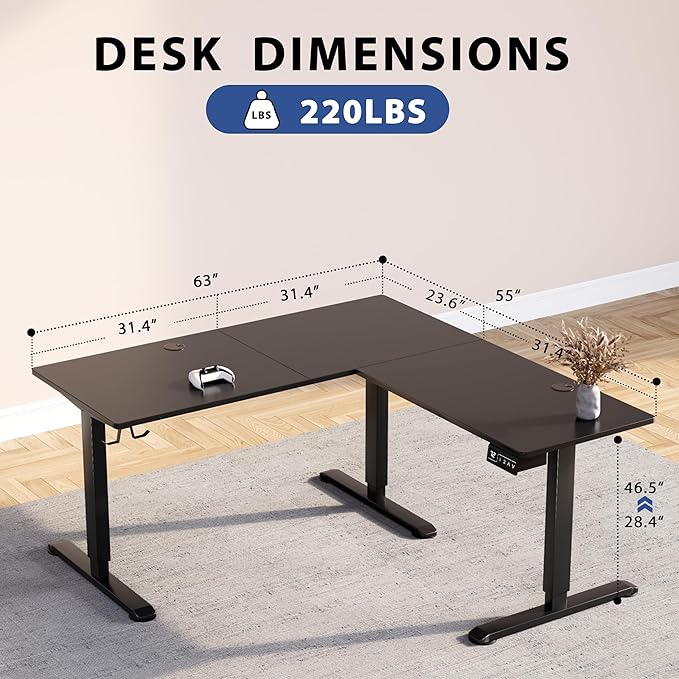 L-Shaped Electric Standing Desk, 63 x 55 Inches Height Adjustable Coner Table, Home Office Computer Workstation, Black, 63 x 55 Inch - LeafyLoom