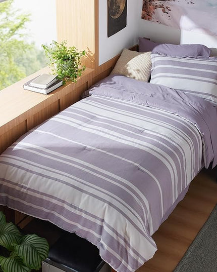 Bedsure Twin XL Comforter Set, Extra Long 5 Pieces Purple Striped Twin XL Bedding Sets, All Season Dorm Room Essentials with 1 Pillow Sham, Flat Sheet, Fitted Sheet and 1 Pillowcase - LeafyLoom