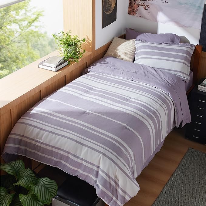 Bedsure Twin XL Comforter Set, Extra Long 5 Pieces Purple Striped Twin XL Bedding Sets, All Season Dorm Room Essentials with 1 Pillow Sham, Flat Sheet, Fitted Sheet and 1 Pillowcase - LeafyLoom
