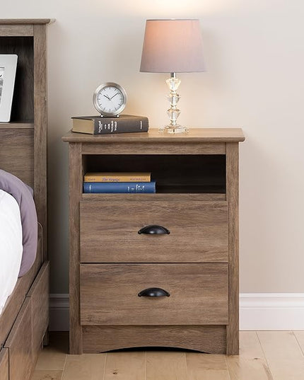 Prepac's Fremont 2 Drawer Nightstand: Elegant Bedroom Furniture, Bedside Table with Open Shelf, 23.25"W x 16"D x 28"H, Drifted Gray - DDC-2428 - LeafyLoom