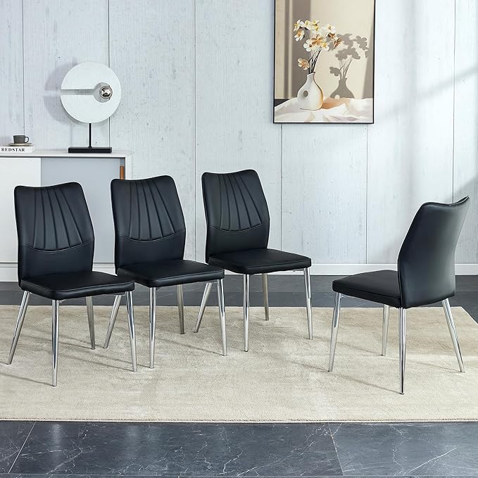 NicBex Dining Chairs Set of 4 Modern Faux Leather High Back Dining Chair Dining Room Kitchen Chairs with Silver Metal Legs,Chairs for Dining Room, Kitchen,Living Room, and Restaurants,Black - LeafyLoom