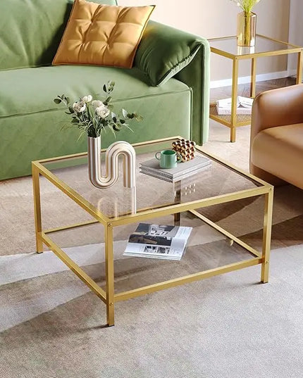 SAYGOER Glass Coffee Table with Storage 2-Tier Square Glass Center Table for Living Room Home Office with Gold Metal Frame Modern Table for Small Spaces - LeafyLoom